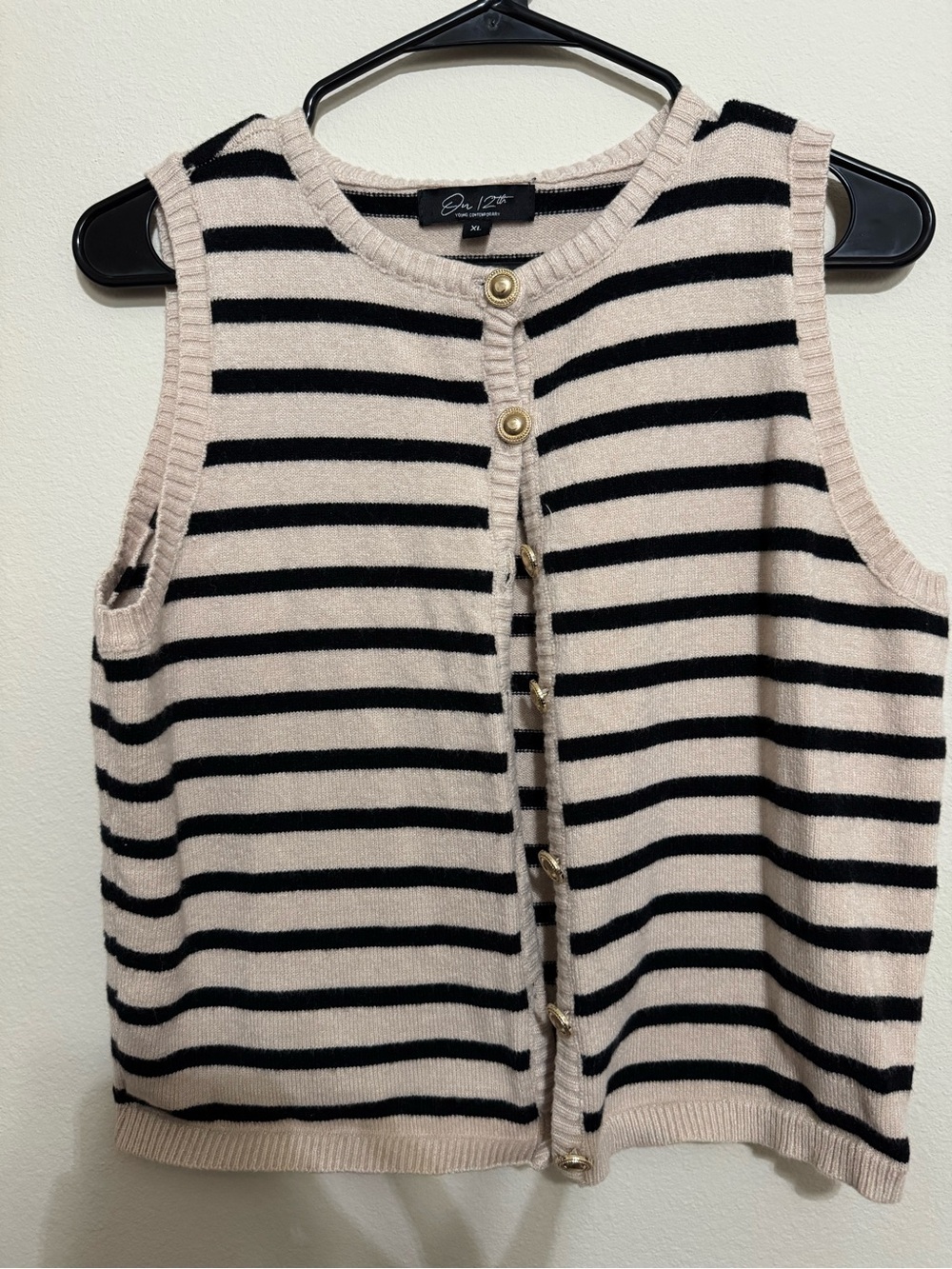 Striped Sleeveless Knit Vest in Beige & Black - Gold Button Detail